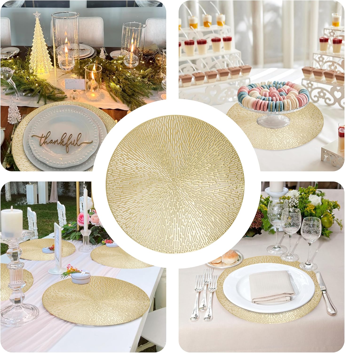 Snowkingdom Round Gold Placemats Set of 12, Gold Vinyl Metallic 15 Inch Round Placemat, Washable Wipeable Hollow Place Mats Non Slip Dining Table Mats for Halloween Wedding Party Christmas Decoration